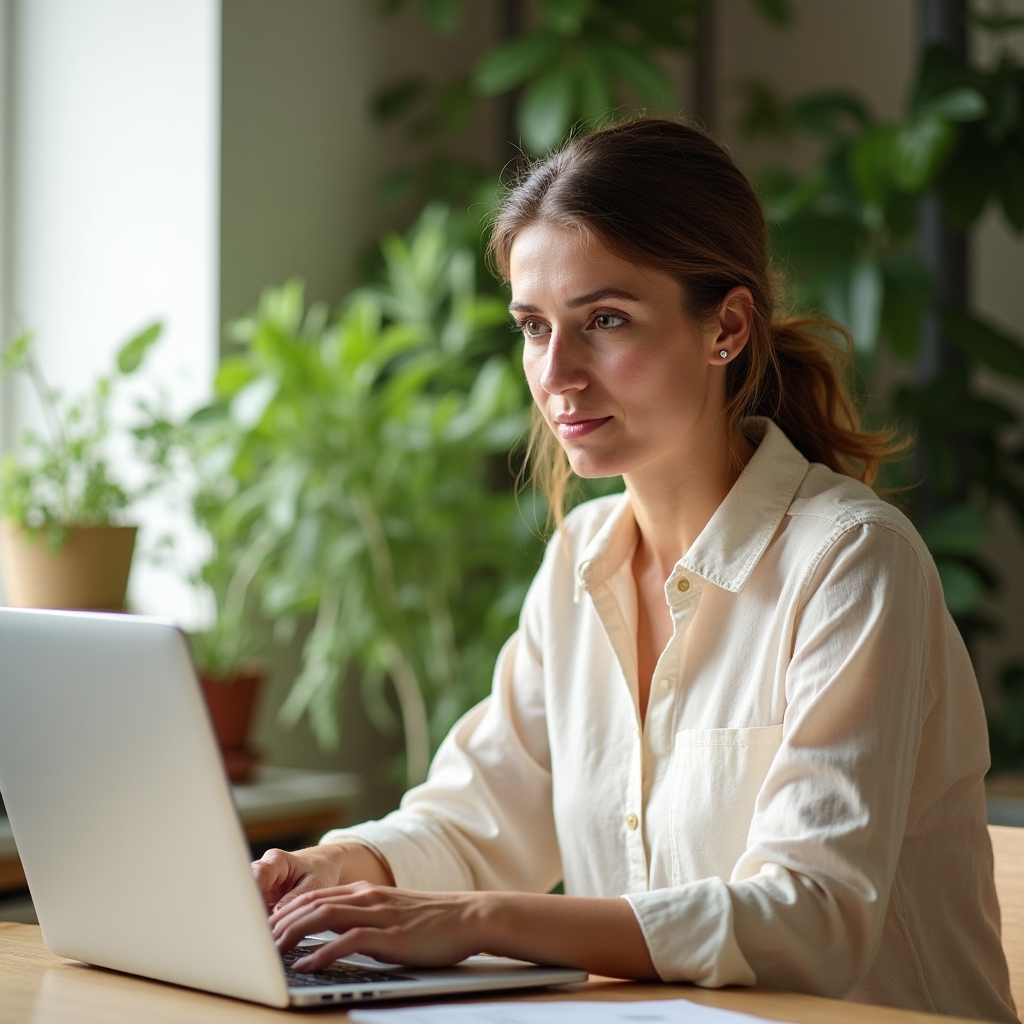 Vermieter arbeitet an rechtssicheren Ferienwohnungsinseraten am Laptop