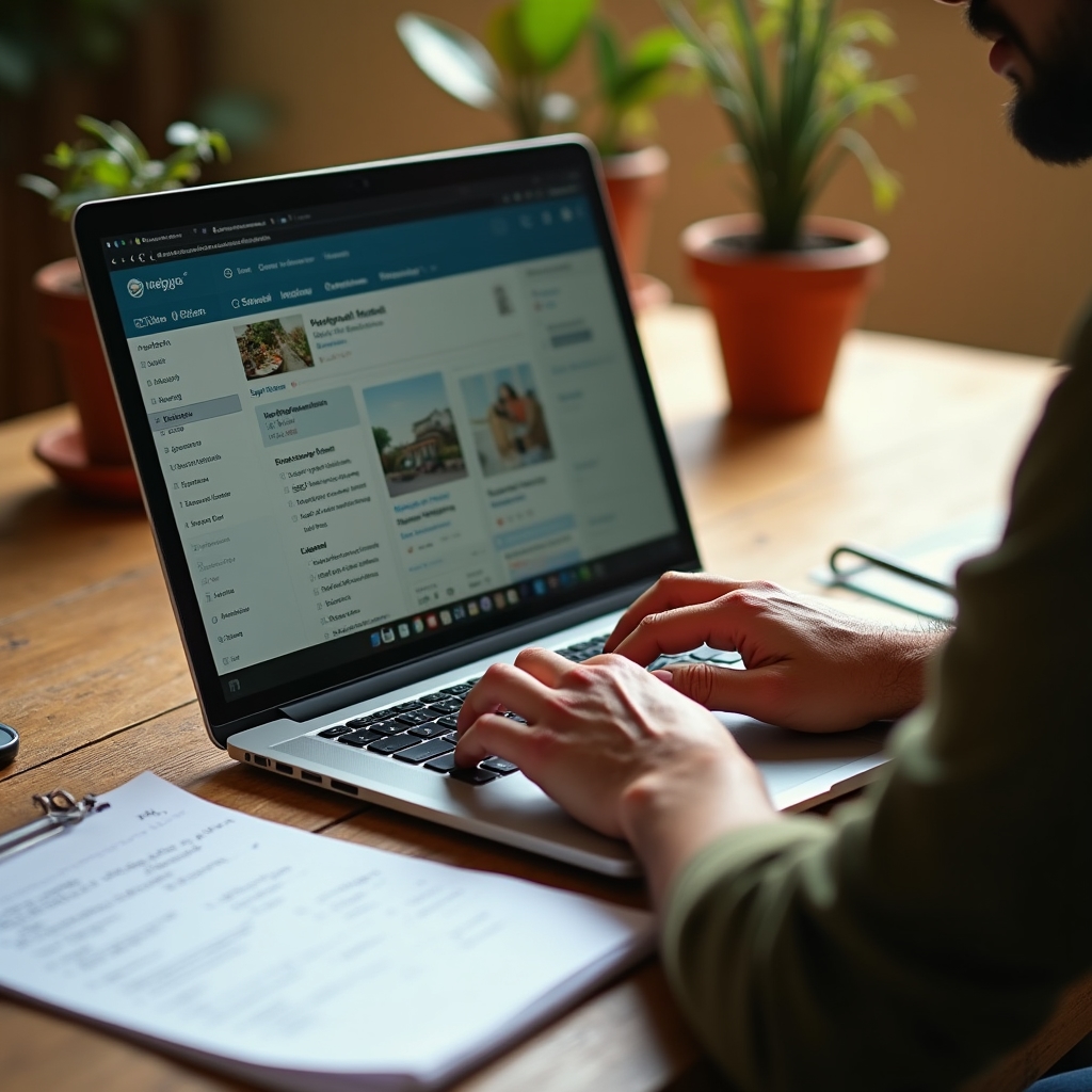 Vermieter prüft Inserat auf rechtliche Vollständigkeit am Laptop